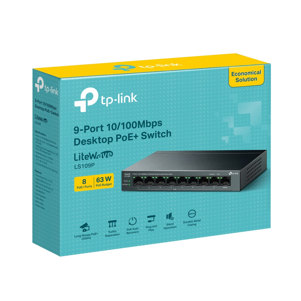 TP-Link LS109P 9-Port 10/100Mbps Desktop Ethernet Switch with 8-Port PoE+ Switch | 63W 250M with Extend Mode TP-Link LS109P 9-Port 10/100Mbps Desktop Ethernet Switch with 8-Port PoE+ Switch | 63W 250M with Extend Mode